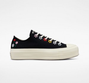 Converse Chuck Taylor All Star Lift Platform Floral Embroidery Fekete | 762IUJTCB