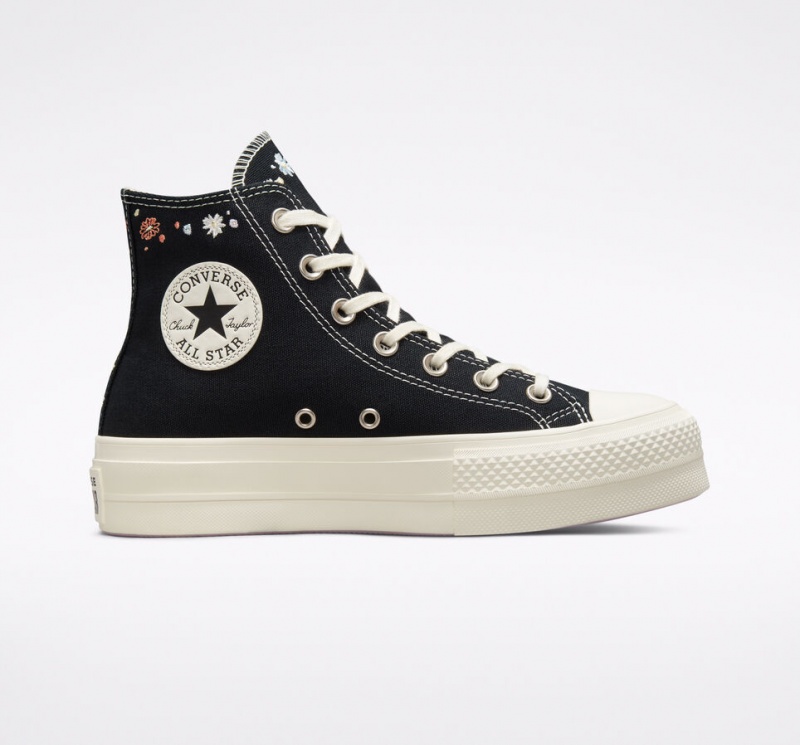 Converse Chuck Taylor All Star Lift Platform Embroidered Floral Fekete | 957YQDKXT