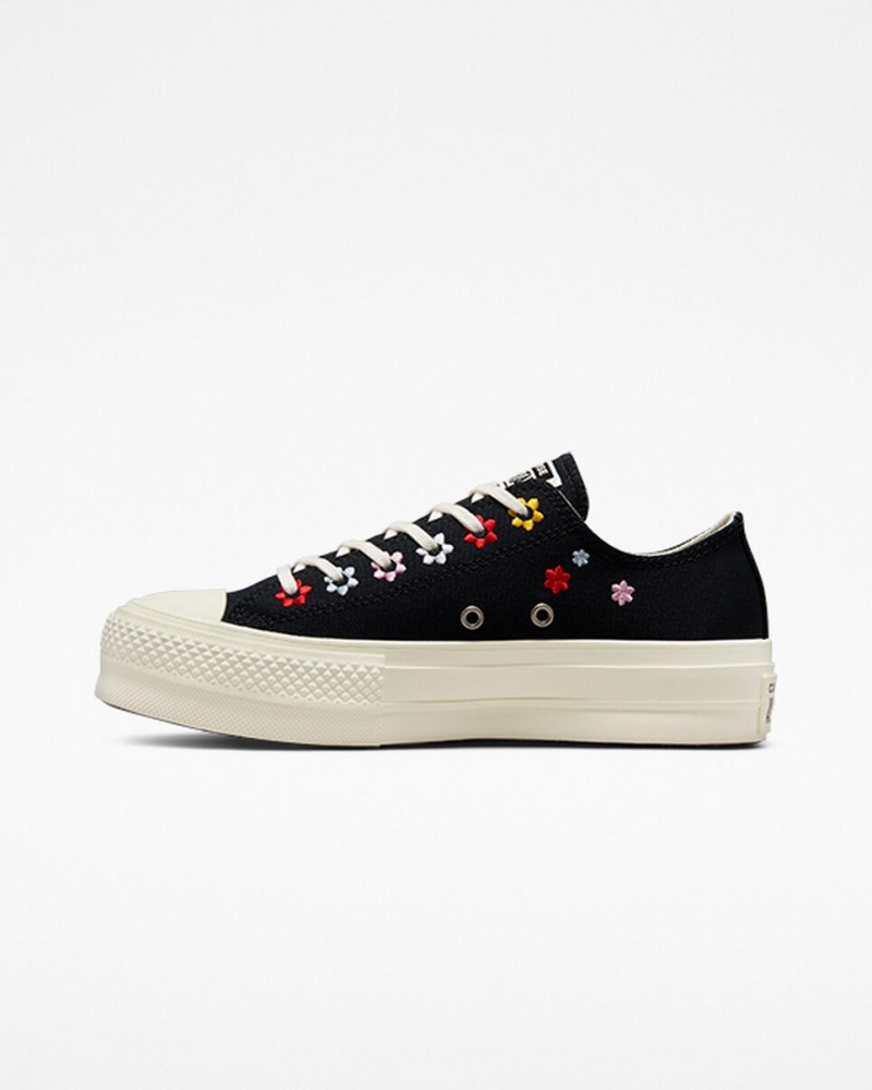 Converse Chuck Taylor All Star Lift Platform Floral Embroidery Fekete | 762IUJTCB