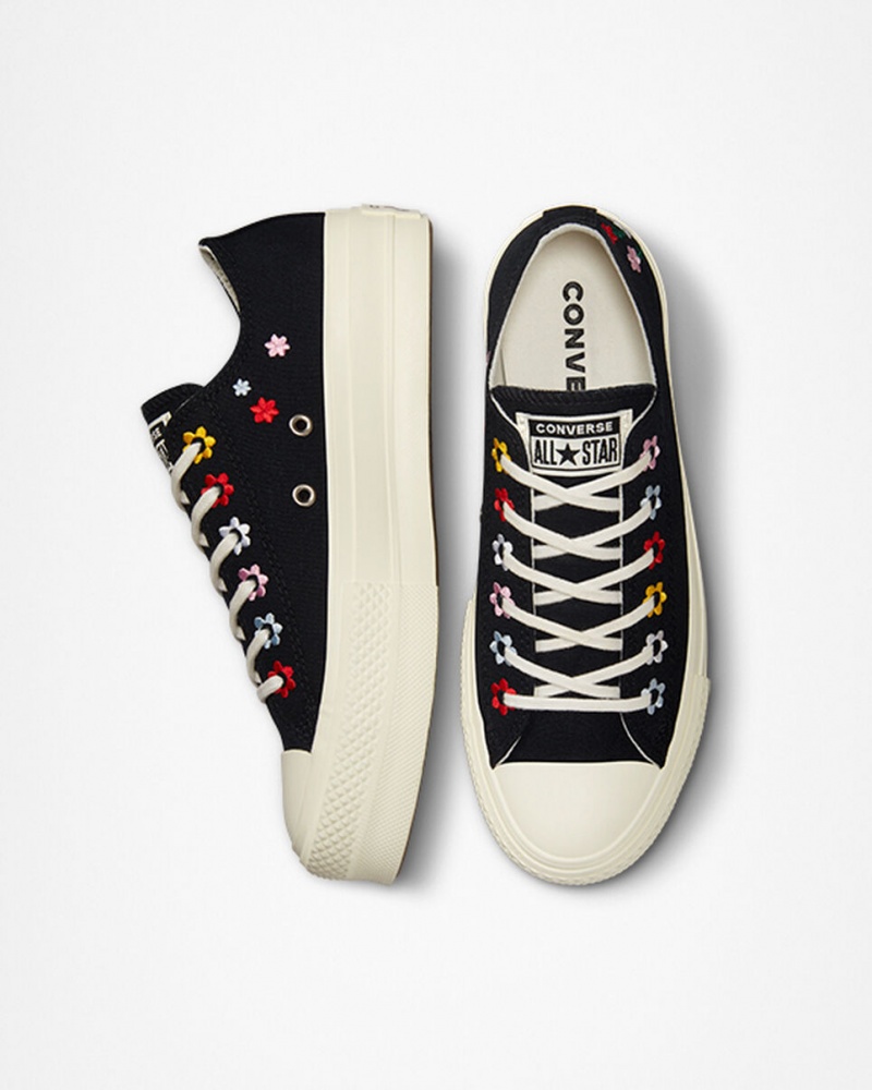 Converse Chuck Taylor All Star Lift Platform Floral Embroidery Fekete | 762IUJTCB