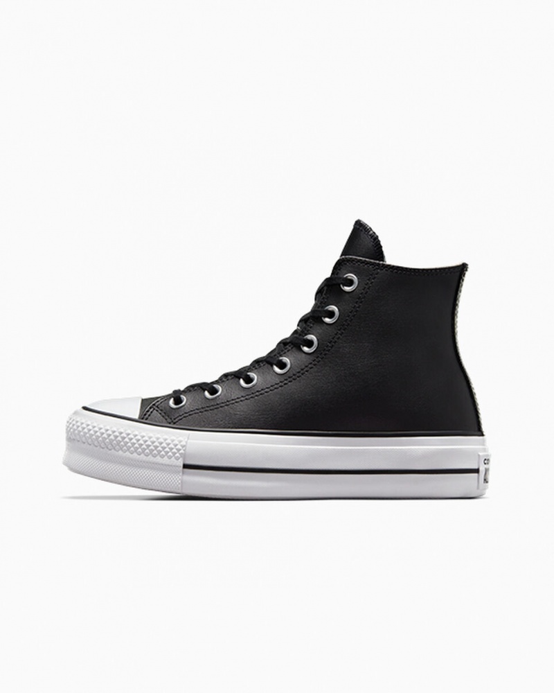 Converse Chuck Taylor All Star Lift Platform Bőr Fekete Fekete Fehér | 469ZYXNGD