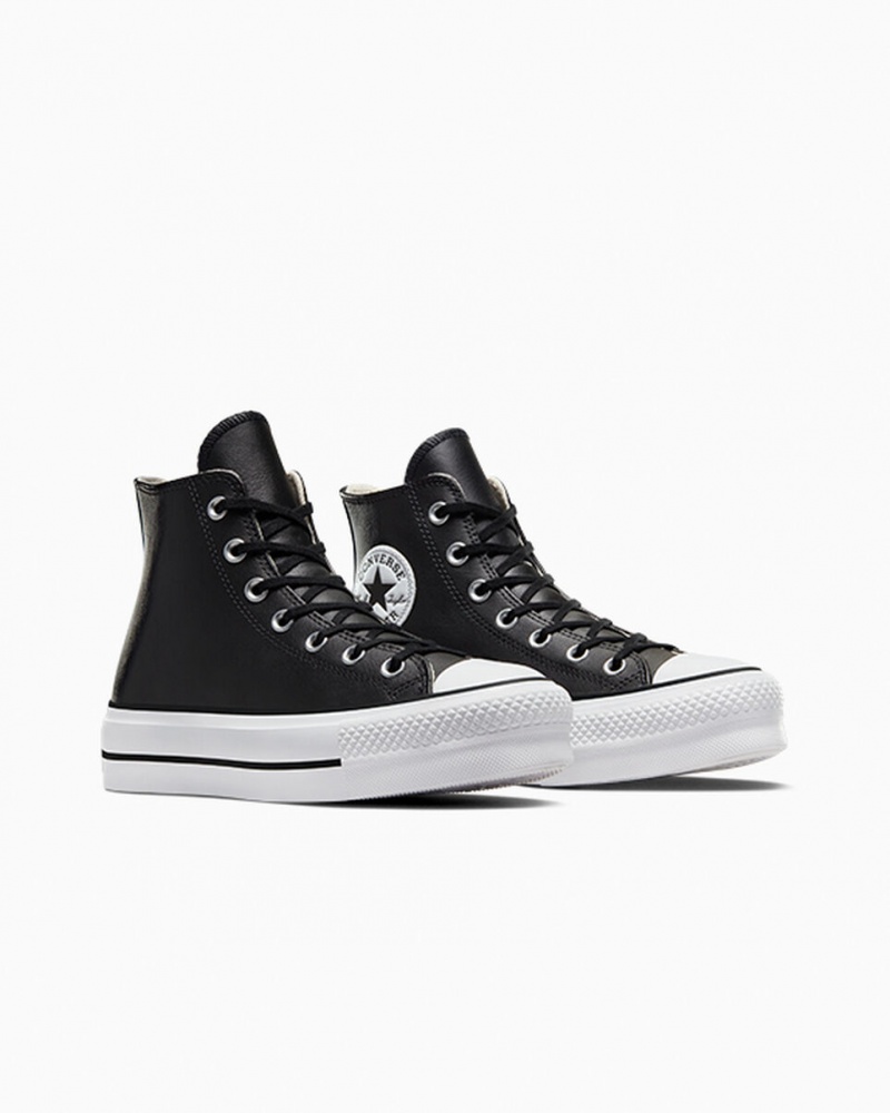 Converse Chuck Taylor All Star Lift Platform Bőr Fekete Fekete Fehér | 469ZYXNGD