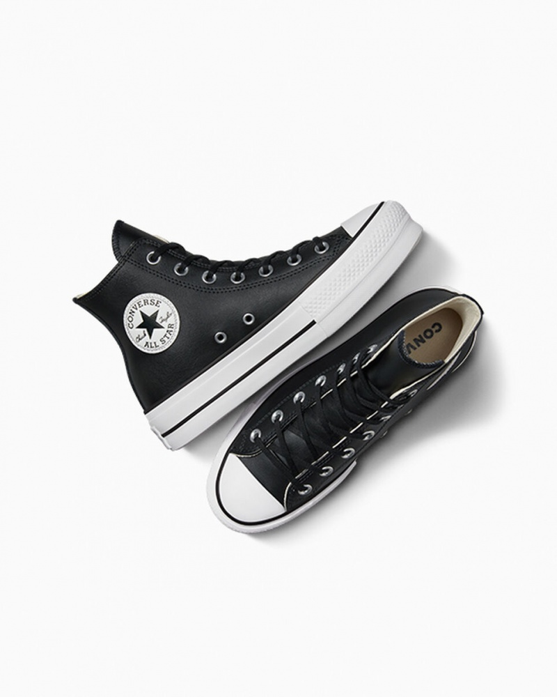 Converse Chuck Taylor All Star Lift Platform Bőr Fekete Fekete Fehér | 469ZYXNGD