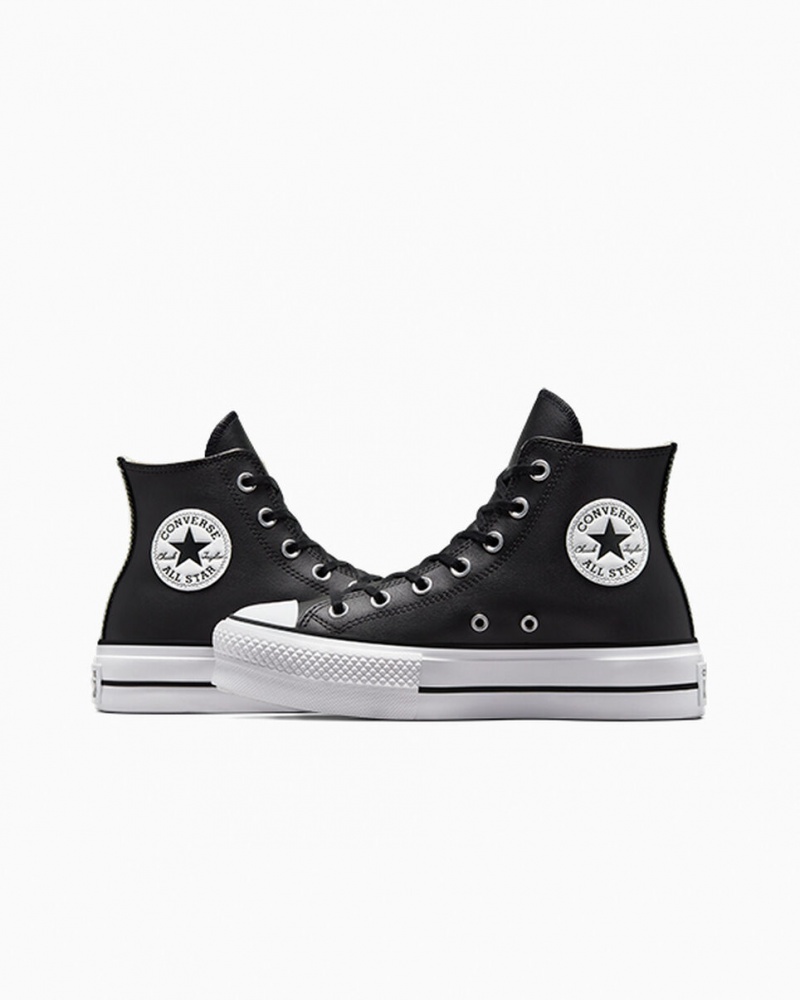 Converse Chuck Taylor All Star Lift Platform Bőr Fekete Fekete Fehér | 469ZYXNGD