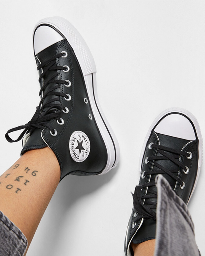 Converse Chuck Taylor All Star Lift Platform Bőr Fekete Fekete Fehér | 469ZYXNGD