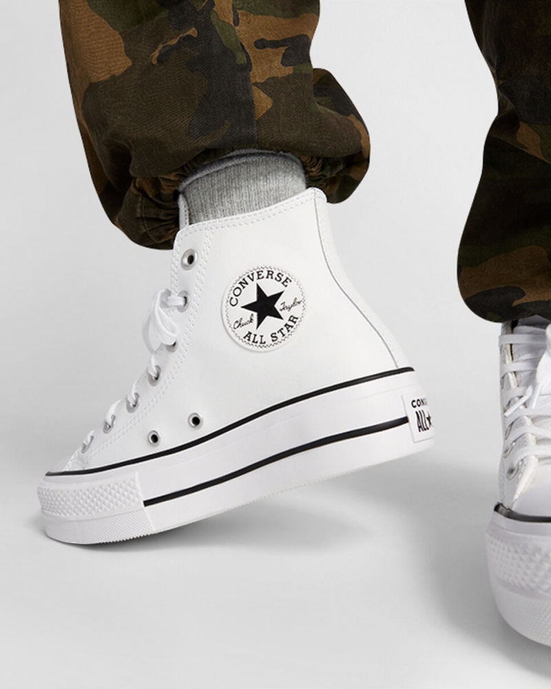 Converse Chuck Taylor All Star Lift Platform Bőr Fehér Fekete Fehér | 843ZCHQJT